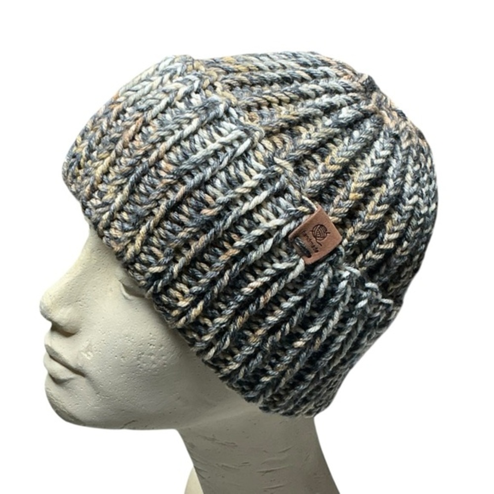 Handmade Chunky Knit Beanie Multicolor Tan Gray Winter Fall Handcrafted Hat